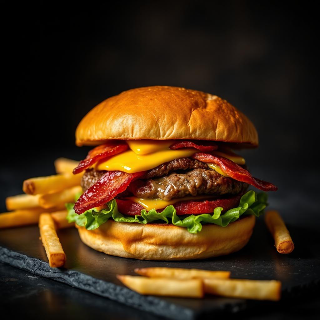 Saftiger Cheeseburger mit Speck und Pommes