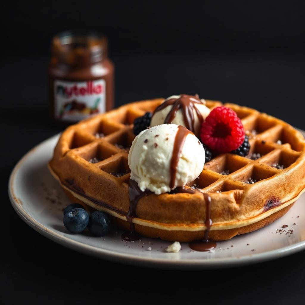 Waffel mit Nutella, Eis und Beeren